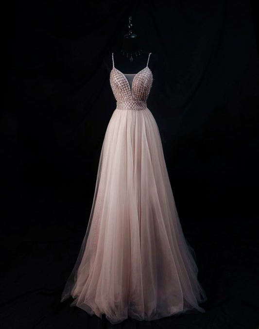Vintage 80s Prom Dresses A line Spaghetti Strap Light Pink Tulle With Beading Party Gown Formal Outfits RB6152