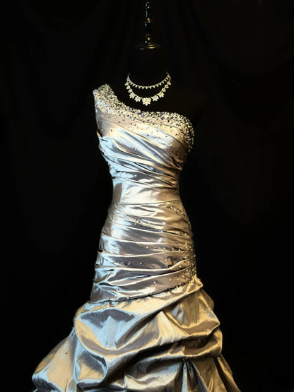 Modest Prom Dresses Mermaid One Shoulder Taffeta Gray With Folded Night Evening Formal Outfits RB6153