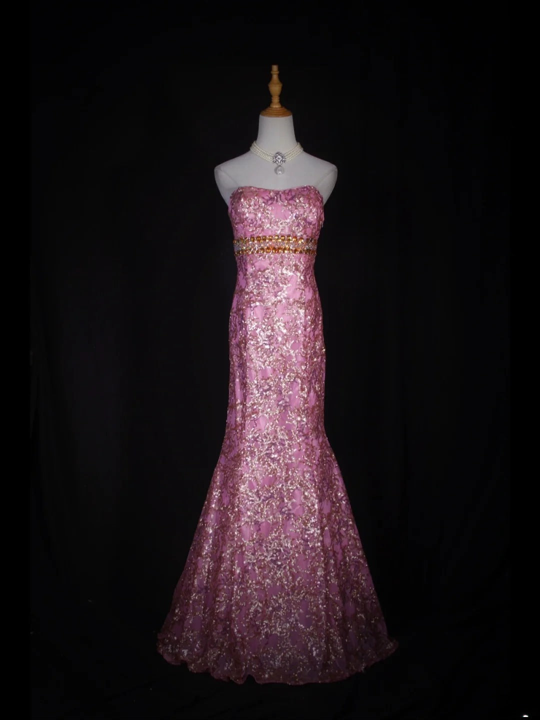 Vintage Mermaid 80s Strapless Pink Sequins With Gold Beads Long Prom Dresses Inspo 20th Birthday Outfit Formal Gowns AS317