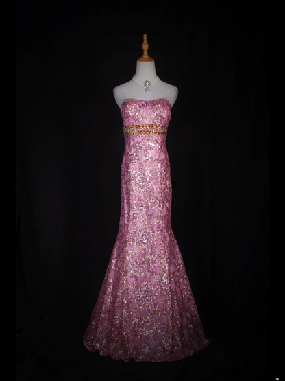 Vintage Mermaid 80s Strapless Pink Sequins With Gold Beads Long Prom Dresses Inspo 20th Birthday Outfit Formal Gowns AS317