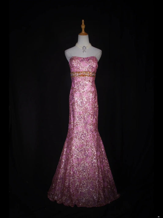 Vintage Mermaid 80s Strapless Pink Sequins With Gold Beads Long Prom Dresses Inspo 20th Birthday Outfit Formal Gowns AS317