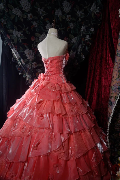 Regal Ball Gown Formal Events Strapless Coral Pink With Tiered Layers Lace Quince Dress Long Quinceanera Dresses Birthday Outfits RB8549