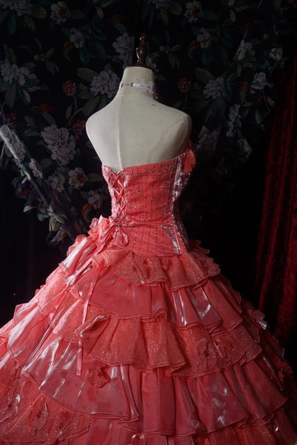 Regal Ball Gown Formal Events Strapless Coral Pink With Tiered Layers Lace Quince Dress Long Quinceanera Dresses Birthday Outfits RB8549