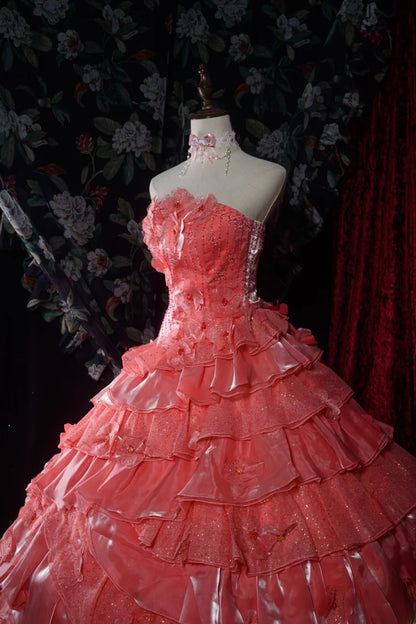 Regal Ball Gown Formal Events Strapless Coral Pink With Tiered Layers Lace Quince Dress Long Quinceanera Dresses Birthday Outfits RB8549