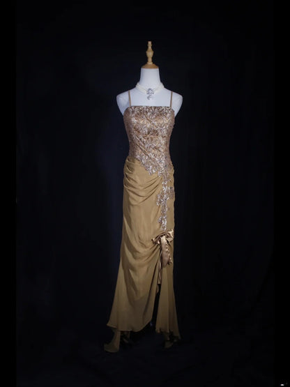 Vintage 70s Mermaid Spaghetti Straps Gold Lace Beaded Bodice Plus Size Long Prom Dresses Impress 21th Birthday Outfits Prom Gown AS318