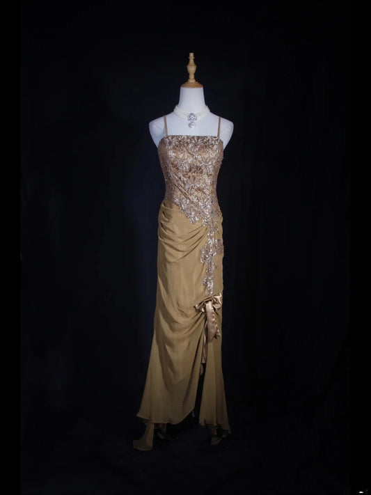 Vintage 70s Mermaid Spaghetti Straps Gold Lace Beaded Bodice Plus Size Long Prom Dresses Impress 21th Birthday Outfits Prom Gown AS318