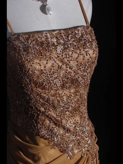 Vintage 70s Mermaid Spaghetti Straps Gold Lace Beaded Bodice Plus Size Long Prom Dresses Impress 21th Birthday Outfits Prom Gown AS318