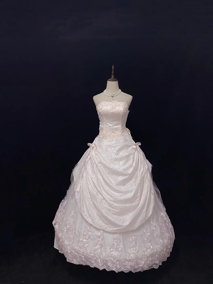 Sweet Ball Gowns Strapless Light Pink Poofy Long With Lace Appliqued Quince Dress inspo Quinceanera Dresses Vestidos De 16 anos RB7768