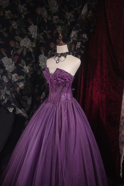 Cute Ball Gown Formal Events Strapless Purple Tulle With Appliqued Quince Dress Quinceanera Dresses Birthday Outfits RB8550
