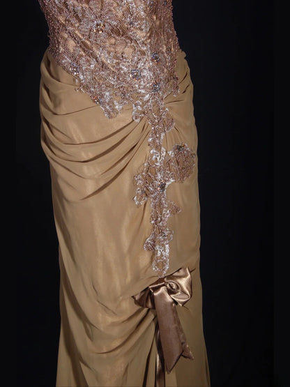 Vintage 70s Mermaid Spaghetti Straps Gold Lace Beaded Bodice Plus Size Long Prom Dresses Impress 21th Birthday Outfits Prom Gown AS318