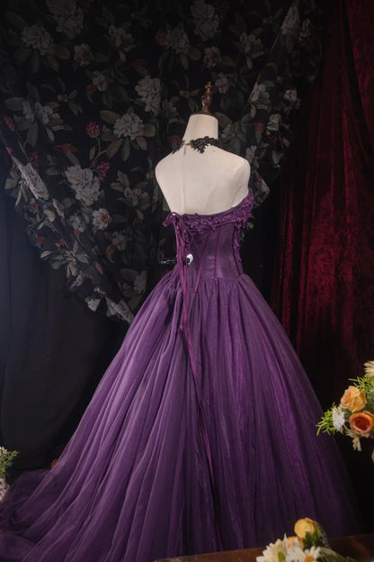 Cute Ball Gown Formal Events Strapless Purple Tulle With Appliqued Quince Dress Quinceanera Dresses Birthday Outfits RB8550