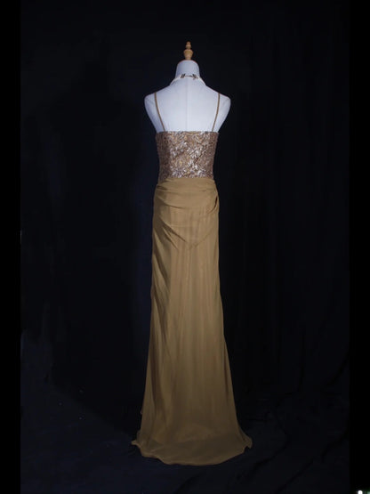 Vintage 70s Mermaid Spaghetti Straps Gold Lace Beaded Bodice Plus Size Long Prom Dresses Impress 21th Birthday Outfits Prom Gown AS318