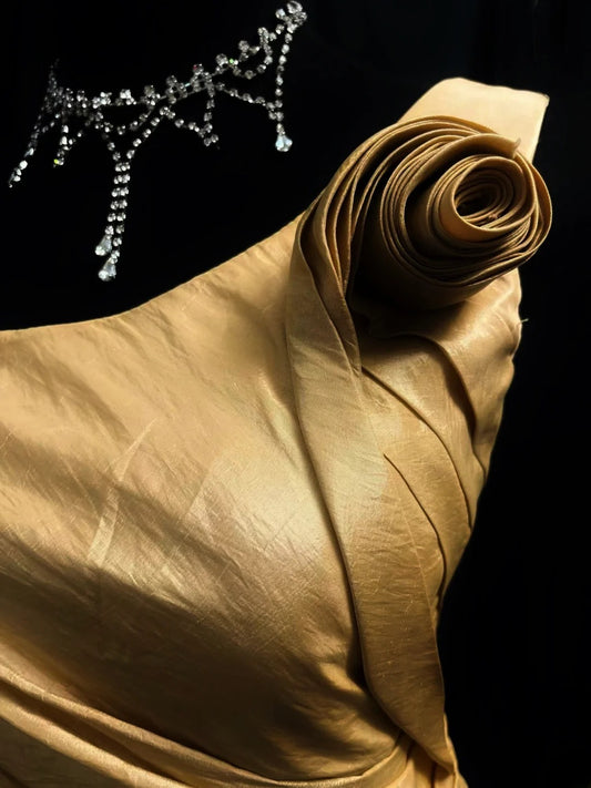 Vintage 80s Prom Dresses Mermaid One Shoulder Gold Taffeta With Beading Party Gown Formal Outfits RB6155
