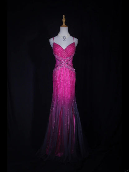 Vintage 2000s Mermaid Spaghetti Straps Hot Pink Tulle Beaded Bodice Plus Size Long Prom Dresses Impress 21th Birthday Outfits Prom Gown AS320