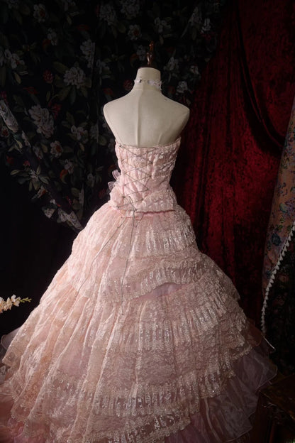 Timeless Ball Gown Formal Events Strapless Pink With Tiered Layers Lace Quince Dress Long Quinceanera Dresses Birthday Outfits RB8553