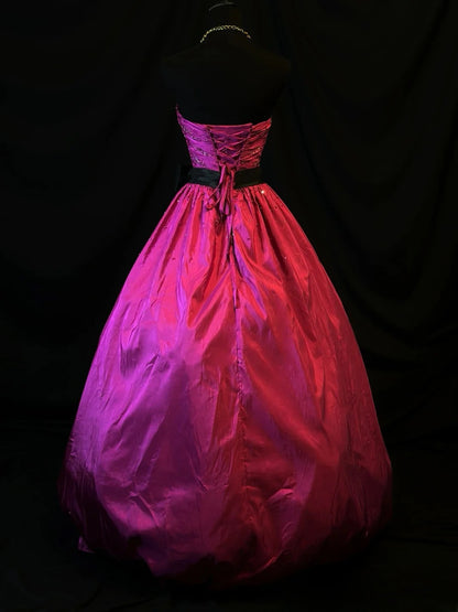 Modest Prom Dresses Ball Gown Strapless Hot Pink Satin With Ruffled Night Evening Formal Outfits RB6156