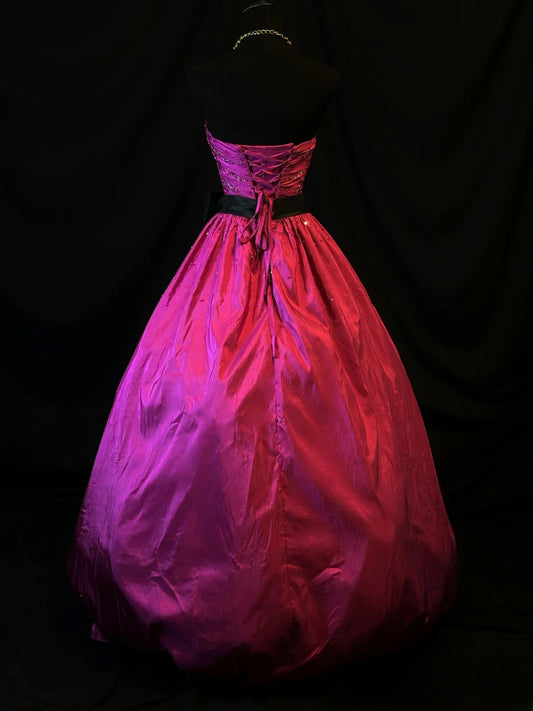 Modest Prom Dresses Ball Gown Strapless Hot Pink Satin With Ruffled Night Evening Formal Outfits RB6156