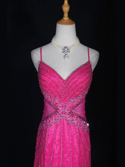 Vintage 2000s Mermaid Spaghetti Straps Hot Pink Tulle Beaded Bodice Plus Size Long Prom Dresses Impress 21th Birthday Outfits Prom Gown AS320