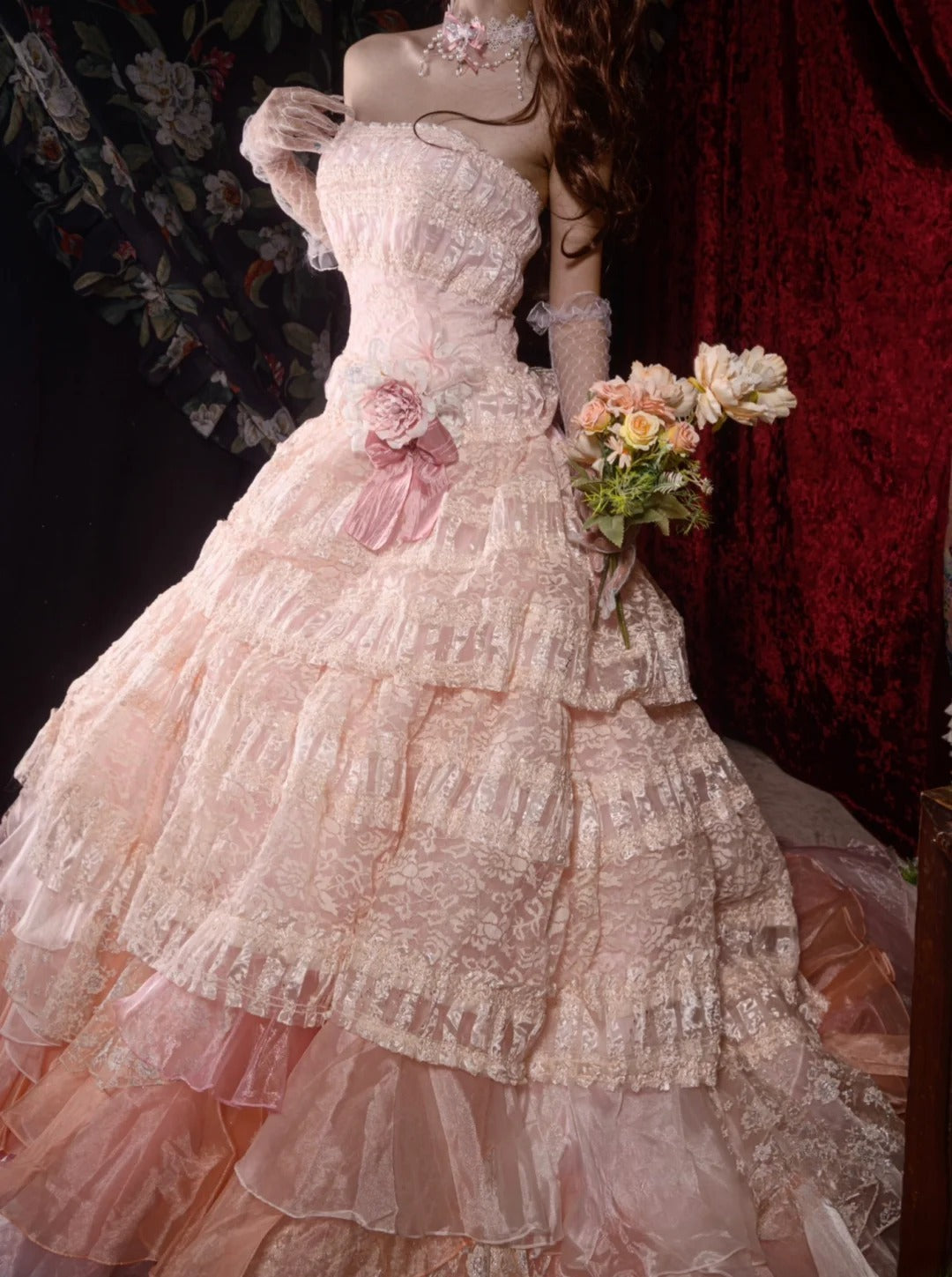 Timeless Ball Gown Formal Events Strapless Pink With Tiered Layers Lace Quince Dress Long Quinceanera Dresses Birthday Outfits RB8553