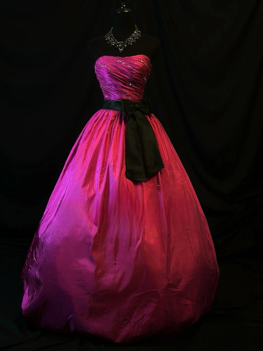 Modest Prom Dresses Ball Gown Strapless Hot Pink Satin With Ruffled Night Evening Formal Outfits RB6156