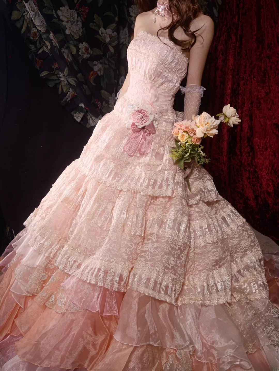 Timeless Ball Gown Formal Events Strapless Pink With Tiered Layers Lace Quince Dress Long Quinceanera Dresses Birthday Outfits RB8553