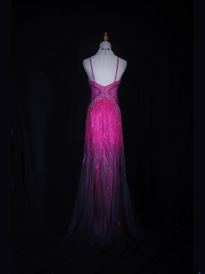 Vintage 2000s Mermaid Spaghetti Straps Hot Pink Tulle Beaded Bodice Plus Size Long Prom Dresses Impress 21th Birthday Outfits Prom Gown AS320
