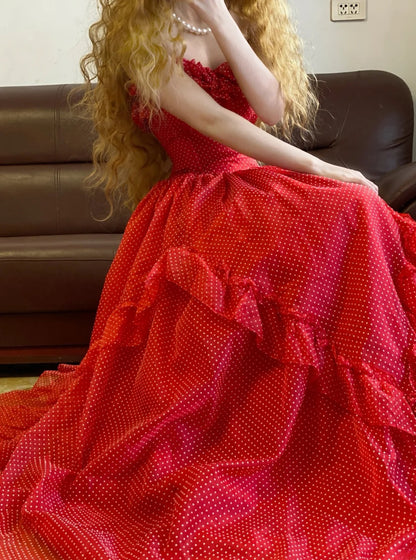 Prom Dress Elegant Ball Gown Strapless Red Polkad Dots Formal Evening Gown for Graduation Party RB9371