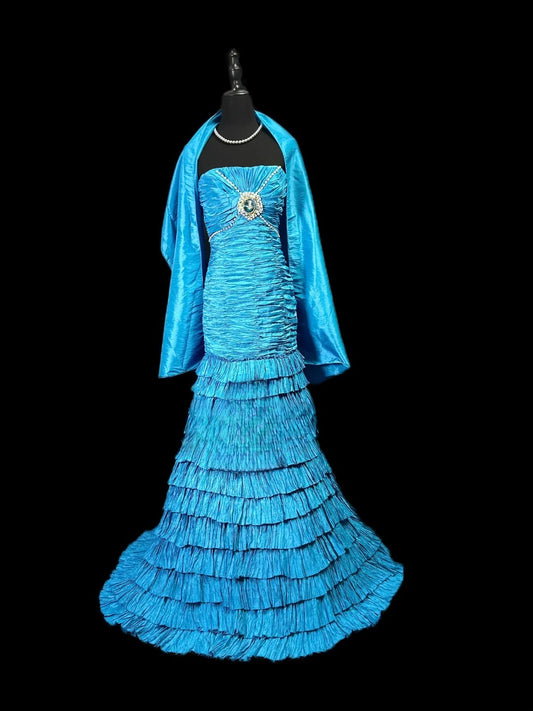 Vintage 80s Prom Dresses Mermaid Strapless Blue With Ruffled Party Gown Formal Outfits RB6159