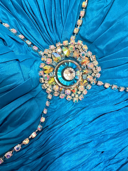 Vintage 80s Prom Dresses Mermaid Strapless Blue With Ruffled Party Gown Formal Outfits RB6159