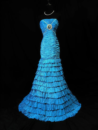 Vintage 80s Prom Dresses Mermaid Strapless Blue With Ruffled Party Gown Formal Outfits RB6159