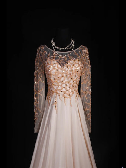 Retro 80s A line Scoop Neck Long Sleeves Blush Pink Chiffon With Beads Prom Dresses Inspo 22th Birthday Outfit Formal Gown AS323