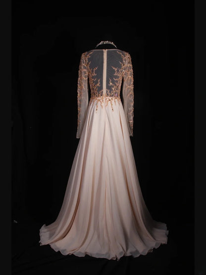 Retro 80s A line Scoop Neck Long Sleeves Blush Pink Chiffon With Beads Prom Dresses Inspo 22th Birthday Outfit Formal Gown AS323