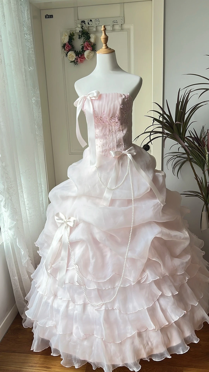 Pretty Sweet 16 Dress Long Strapless Pink With Tiered Layers Ball Gown Sweet Sixteen Party Birthday Dresses RC0652