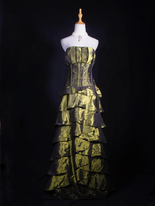 Vintage Ball Gown Strapless Olive Green Taffeta 1970s With Ruffled Beads Bodice Long Prom Dresses Inspo 18th Birthday Outfit Formal Gown AS324