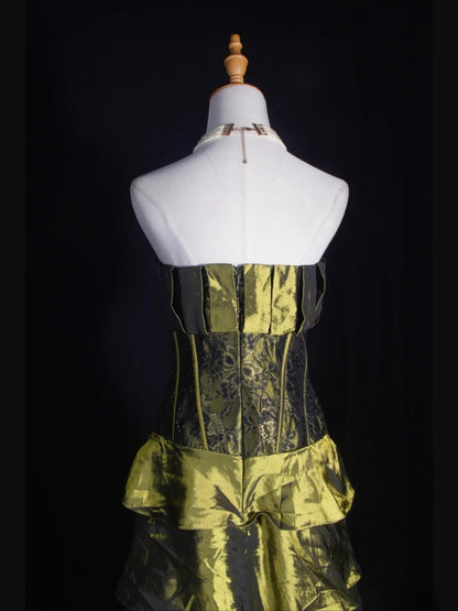 Vintage Ball Gown Strapless Olive Green Taffeta 1970s With Ruffled Beads Bodice Long Prom Dresses Inspo 18th Birthday Outfit Formal Gown AS324