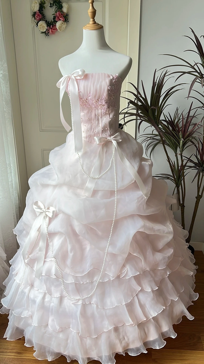 Pretty Sweet 16 Dress Long Strapless Pink With Tiered Layers Ball Gown Sweet Sixteen Party Birthday Dresses RC0652