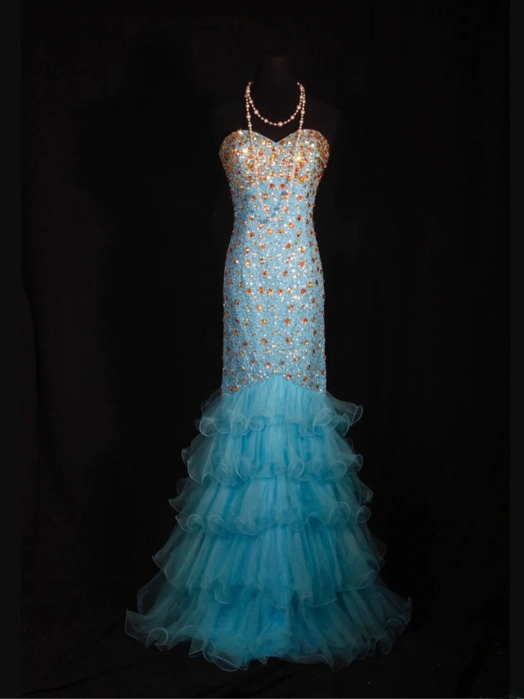 Vintage Mermaid 80s Sweethart Blue Beads With Gold Beaded Long Prom Dresses Inspo 20th Birthday Outfit Formal Gowns AS325