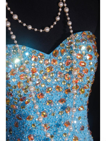 Vintage Mermaid 80s Sweethart Blue Beads With Gold Beaded Long Prom Dresses Inspo 20th Birthday Outfit Formal Gowns AS325