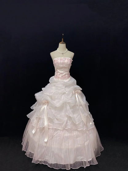 Dreamy Ball Gowns Strapless Pink Organza Poofy Long With Lace Quince Dress inspo Quinceanera Dresses Vestidos De 16 anos RB7775