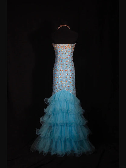 Vintage Mermaid 80s Sweethart Blue Beads With Gold Beaded Long Prom Dresses Inspo 20th Birthday Outfit Formal Gowns AS325