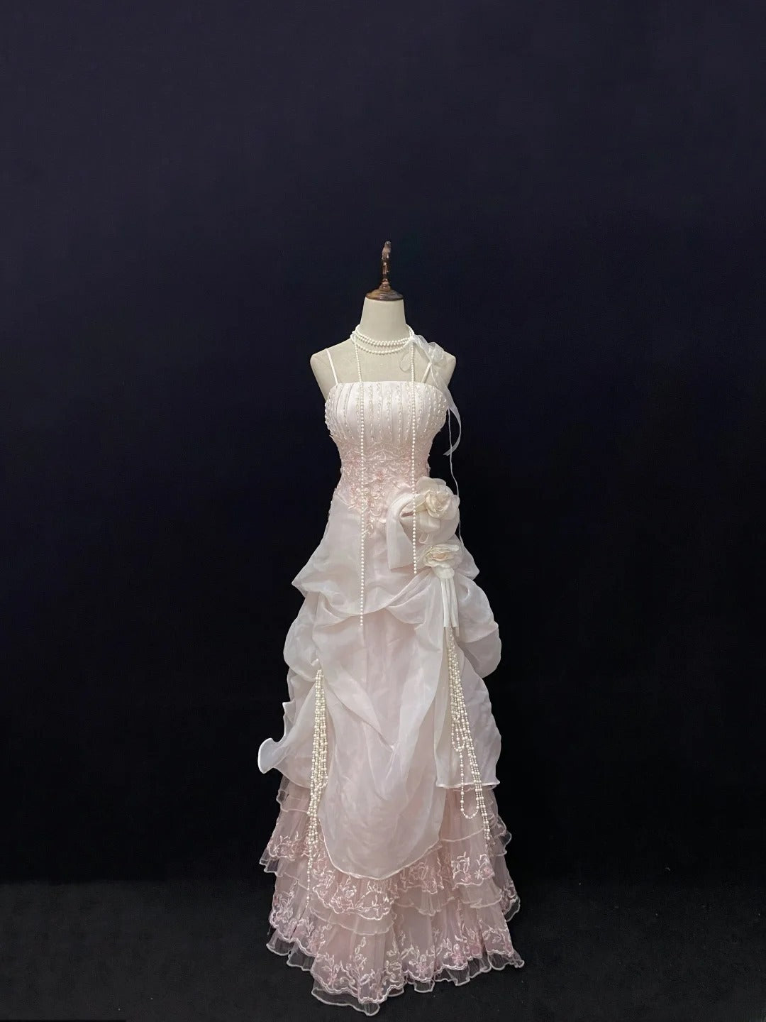 Modest A line Spaghetti Straps Pink With Ruffled Beads Lace Long Prom Dresses Formal Outfits Evening Night Dress RB7776