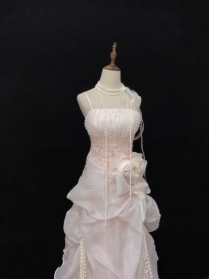 Modest A line Spaghetti Straps Pink With Ruffled Beads Lace Long Prom Dresses Formal Outfits Evening Night Dress RB7776