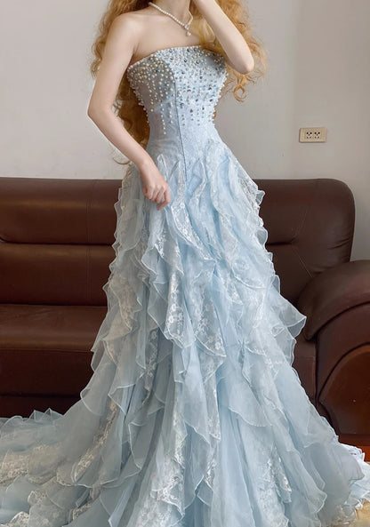 Prom Dress Elegant Mermaid Strapless Light Sky Blue With Tiered Formal Evening Gown for Graduation Party RB9374