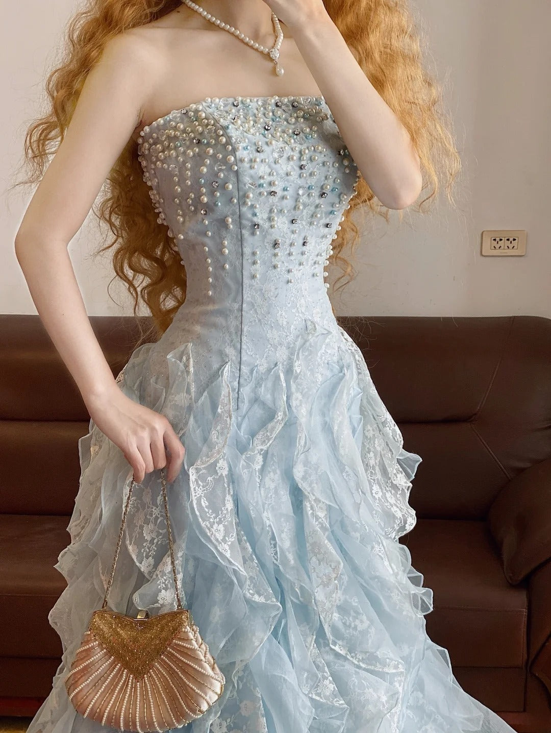 Prom Dress Elegant Mermaid Strapless Light Sky Blue With Tiered Formal Evening Gown for Graduation Party RB9374