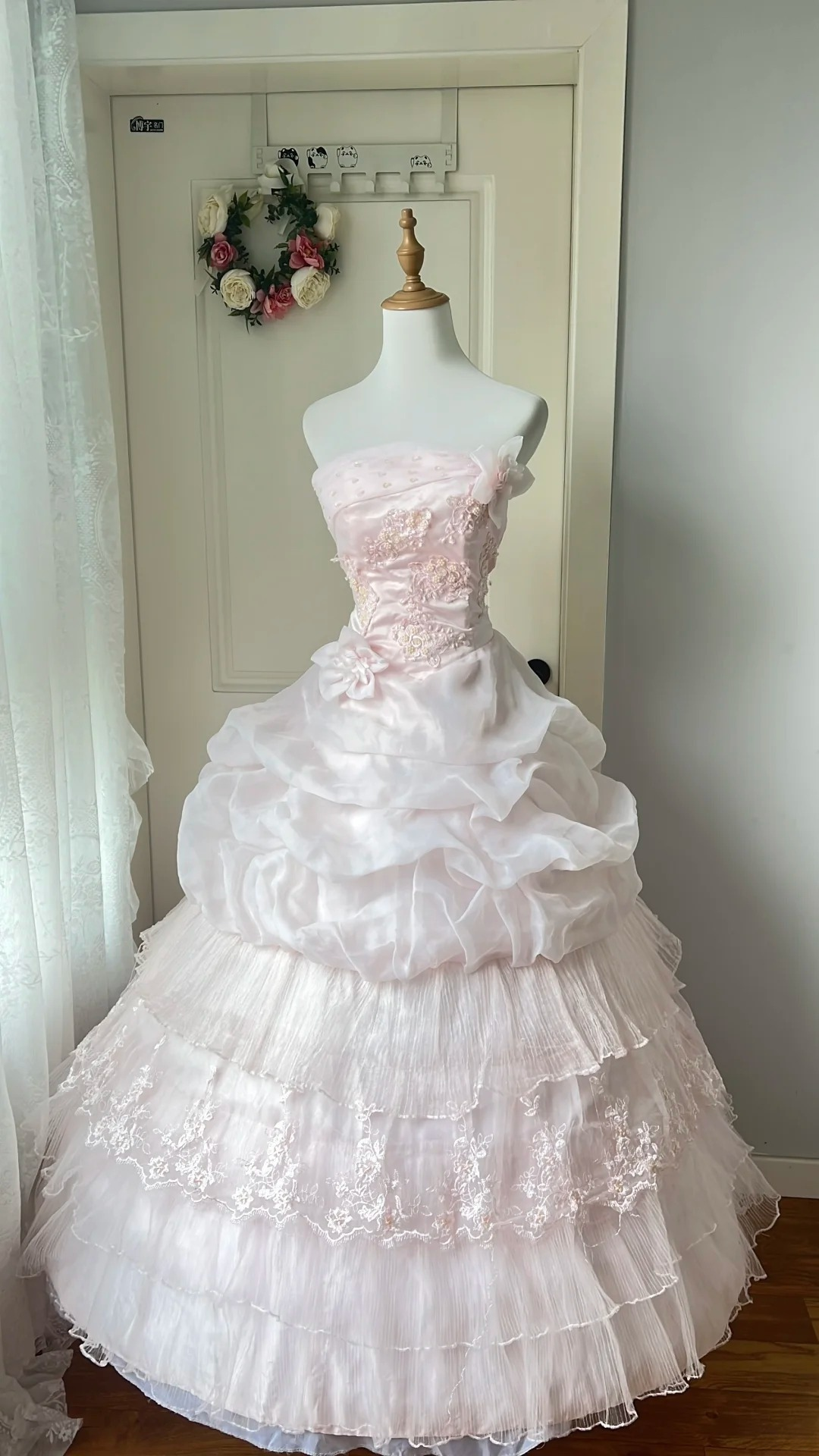 Sweet 15 Quinceanera Dress Ball Gown Strapless Pink Tulle With Lace Layers Long 16th Birthday Outfits RC0655