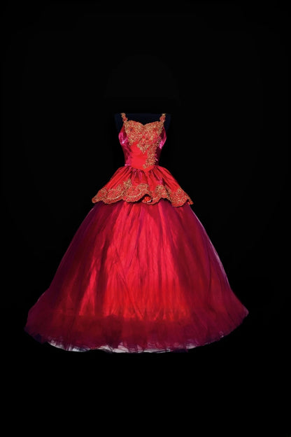 Tulle Sweet 16 Dress,Red Spaghetti Straps Lace Ball Gown Long Sweet Sixteen Party Gown RC0026