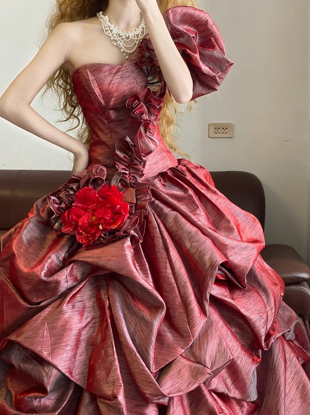 Ball Gown One Shoulder Burgundy With Flowers Sweet 16 Dress Sweet Sixteen Princess Dress RB9375