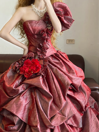 Ball Gown One Shoulder Burgundy With Flowers Sweet 16 Dress Sweet Sixteen Princess Dress RB9375
