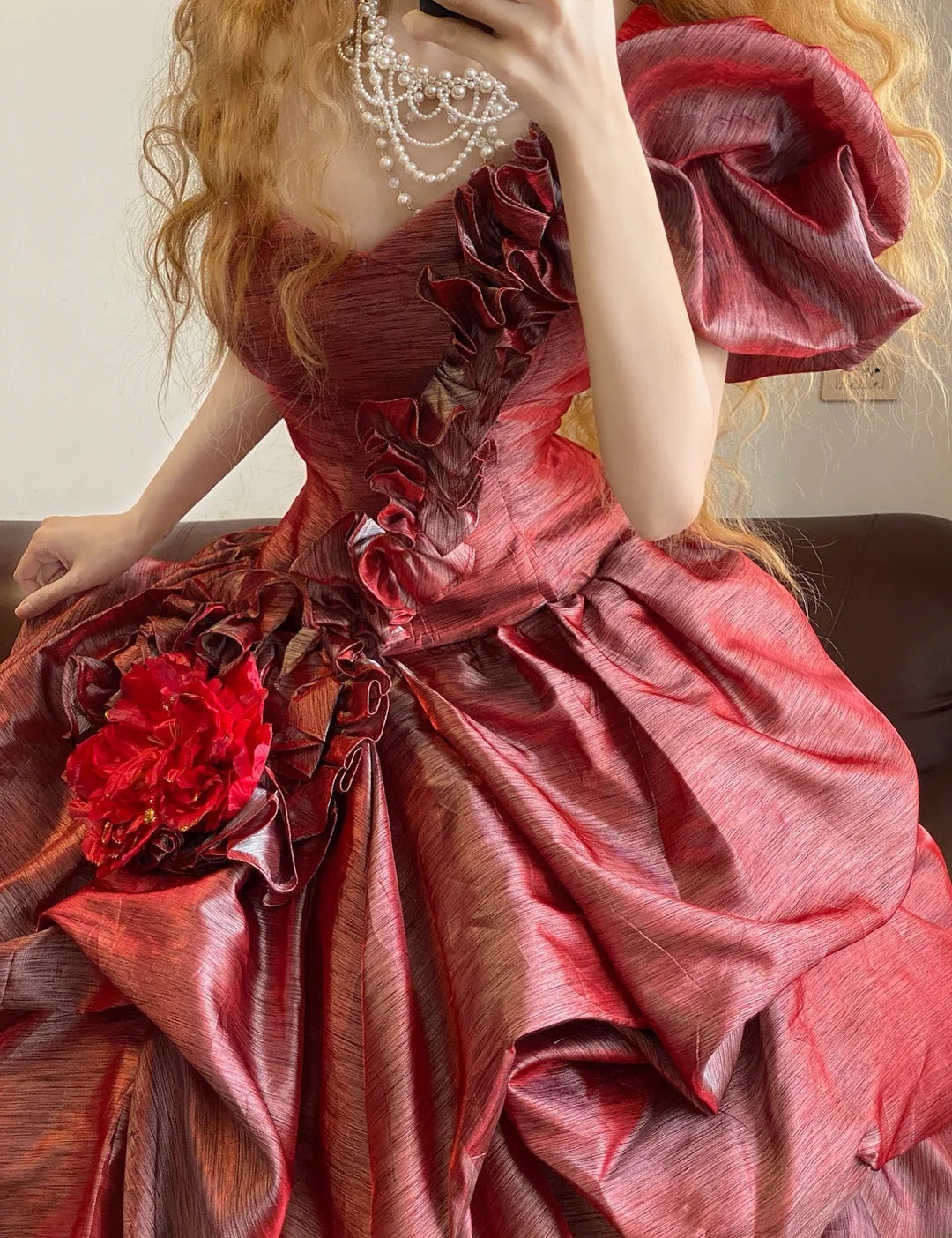 Ball Gown One Shoulder Burgundy With Flowers Sweet 16 Dress Sweet Sixteen Princess Dress RB9375