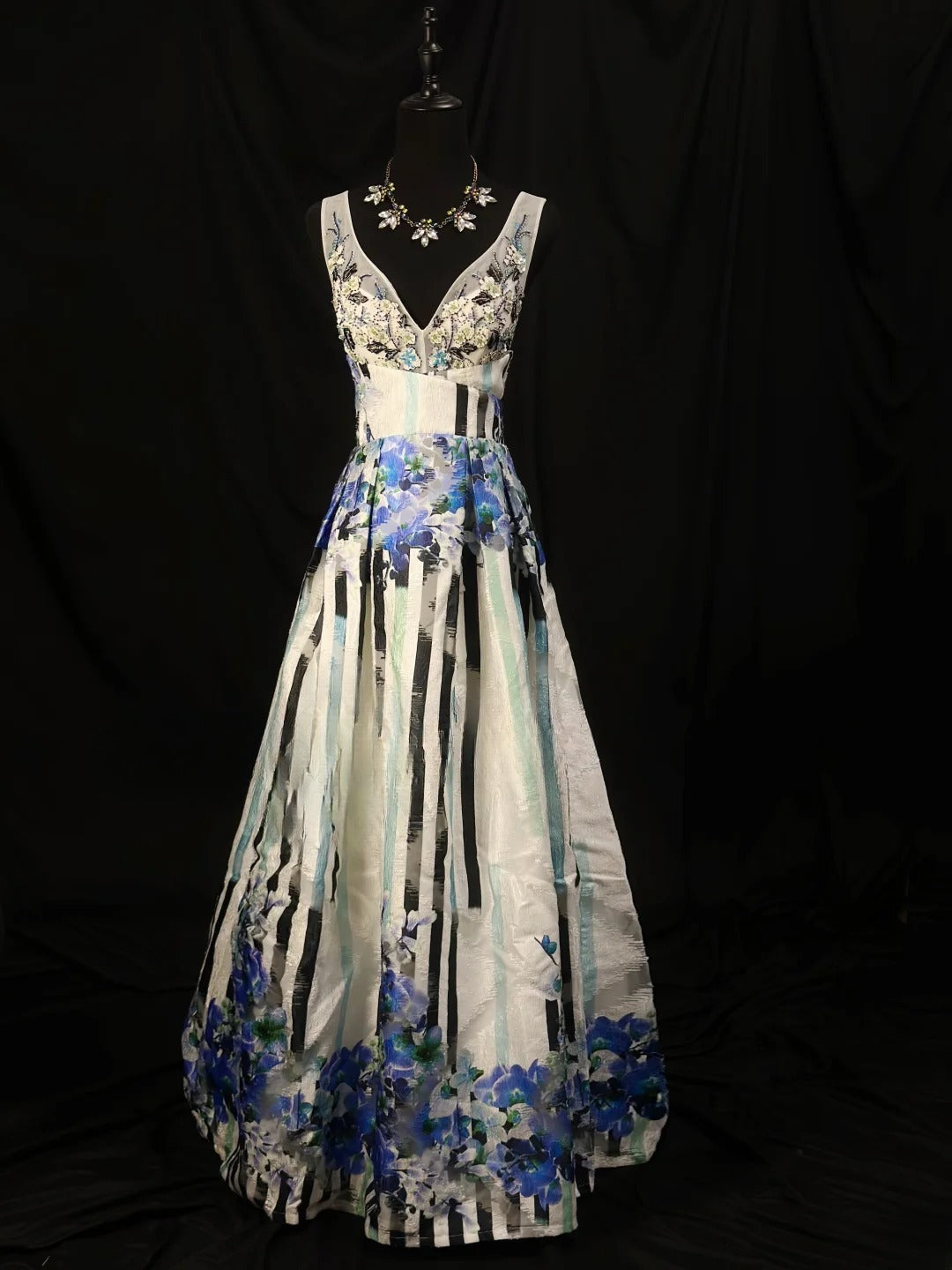 Vintage 80s Prom Dresses A Line V Neckline Floral Long Party Gown Formal Outfits RB6164